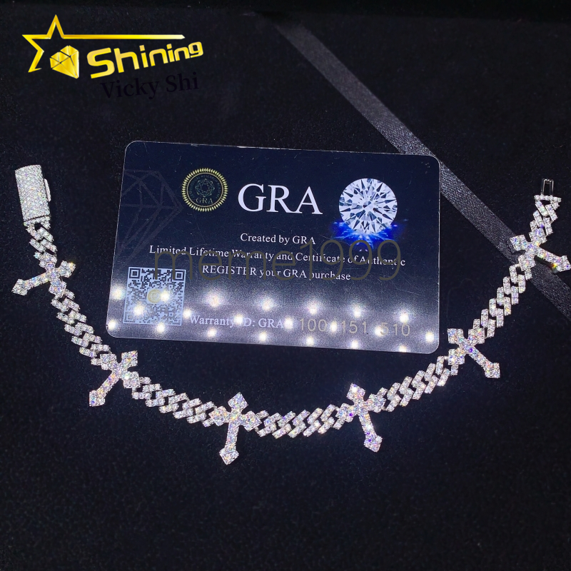 Fine Jewelry Iced Out Cross Design Moissanite Cuban Bracelet 925 Sterling Silver 6mm Hip Hop Cuban Link Bracelet