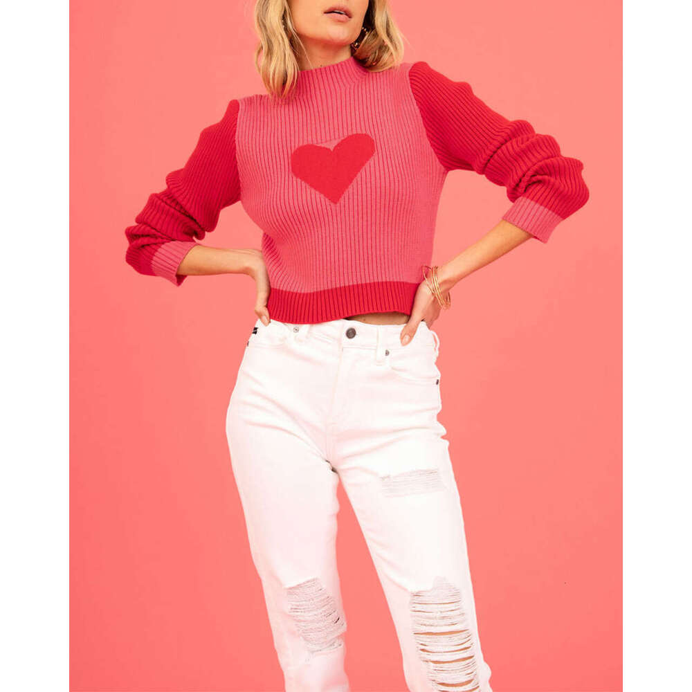 Autumn Winter Valentine's Day High Neck Color Block Heart Peach Slim Fit Women's Knitted Sweater B5