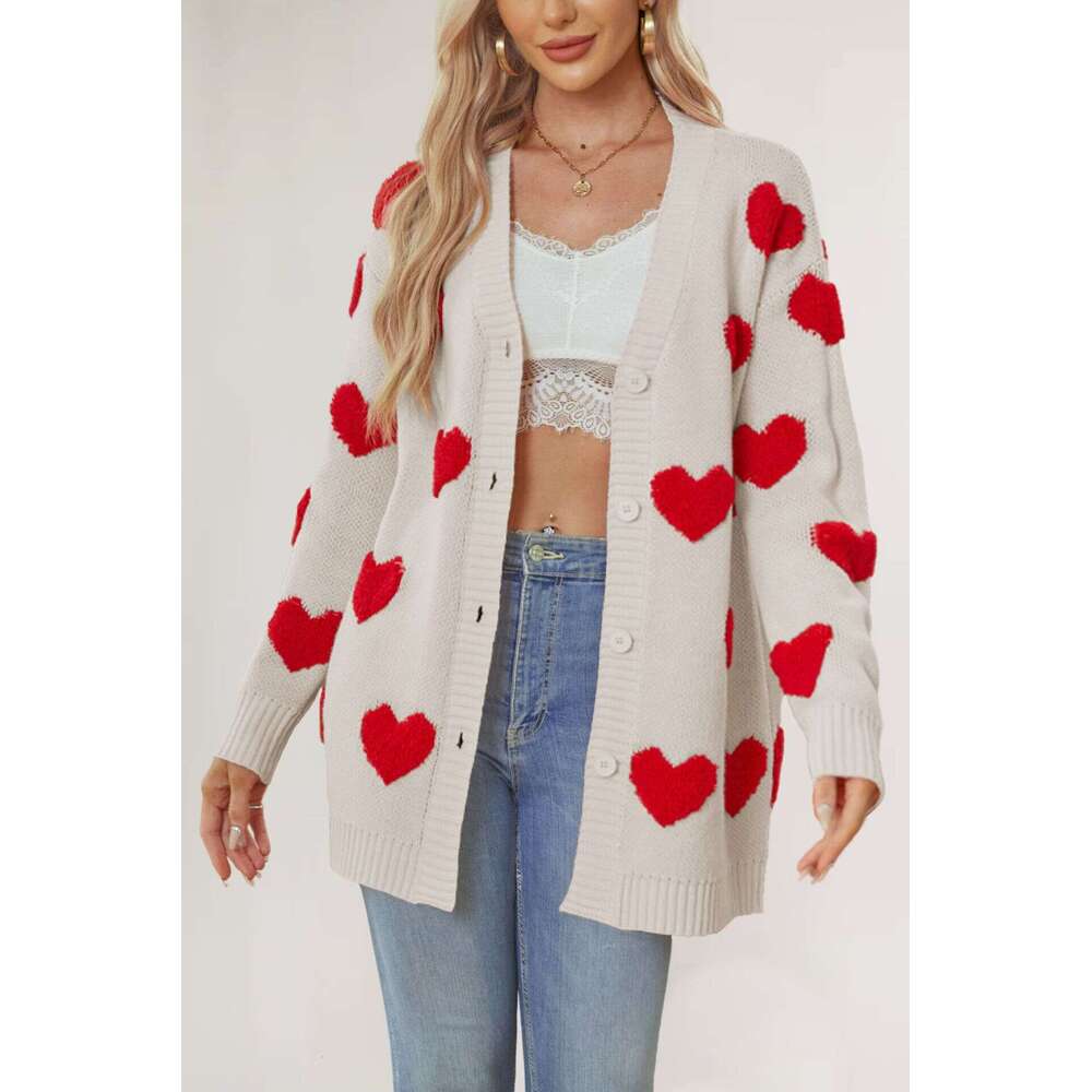 Autumn Winter New Temu Valentine's Day Heart Knitted Mid-Length Coat V-Neck Button Cardigan For Women B5