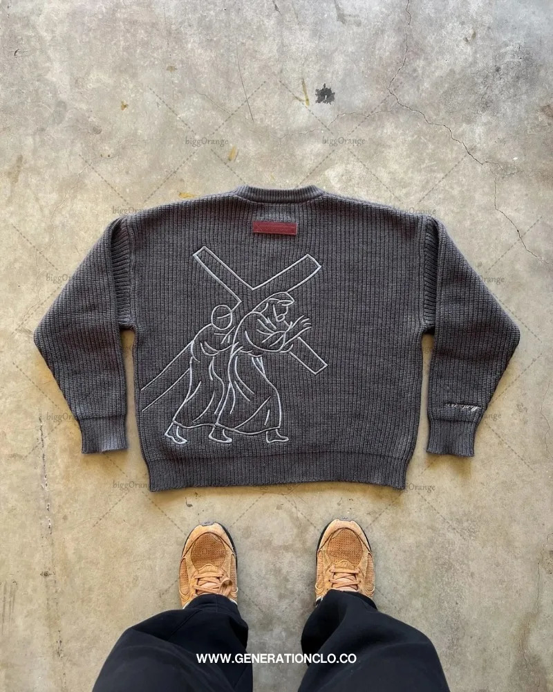 American Retro Cartoon Fashionable Letter y Casual Loose Round Neck Sweater Men Street Harajuku Fashion Dark Gray Top 250819