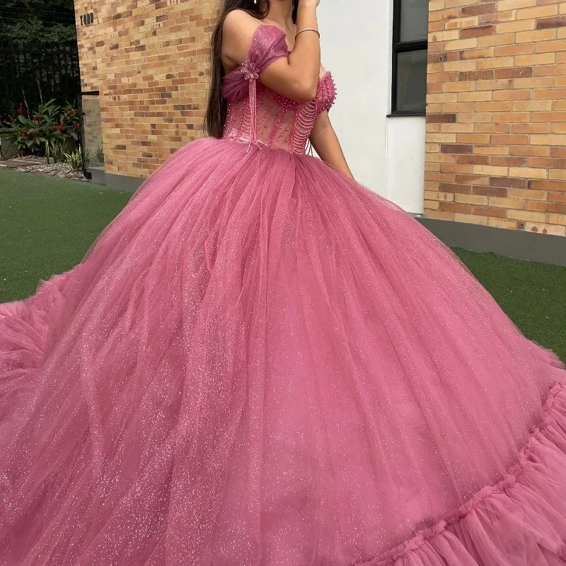 Pink Shiny Ball Gown Quinceanera Dresses Off The Shoulder Beading Pearl Tull Corset Vestidos 15 De Anos Sweet 16 Dress