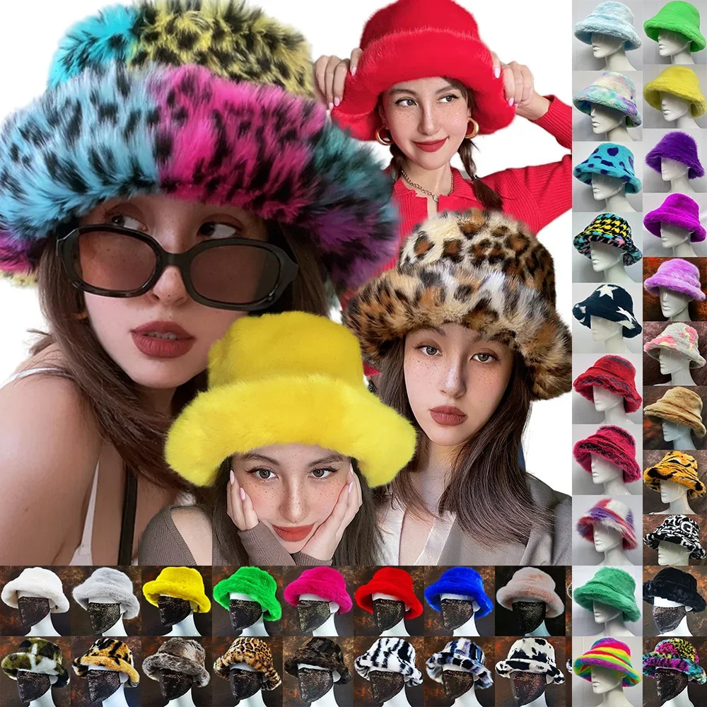 Winter 58-60cm XL Faux Fur Bucket Hat For Women Outdoor Warm Oversize Fisherman Hat Girl Trendy Party Long Fur Panama Cap 250819