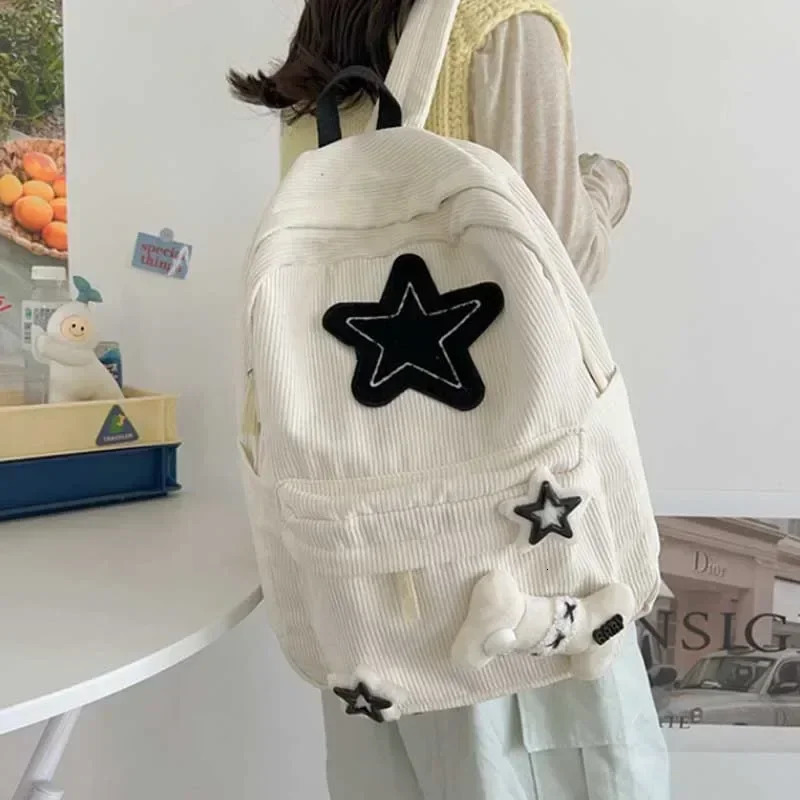 Y2K Girls Star Pattern Laptop Backpack Teen Student Large Capacity School Bookbag Corduroy Rucksack Double Strap Shoulder Bag250813