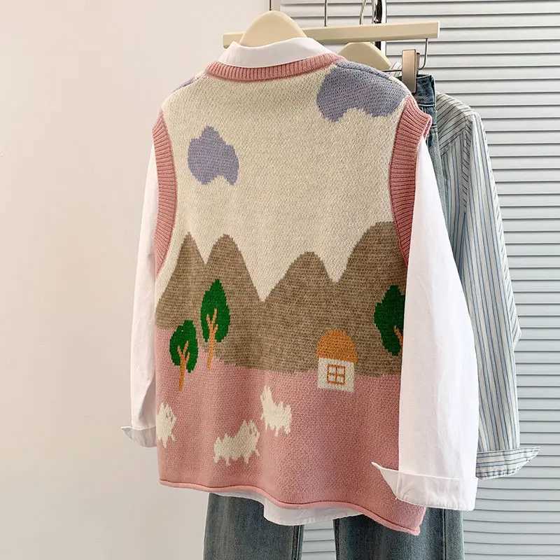 2025 Autumn Winter Korean Style Youthful Jacquard Knit Cardigan Vest Women Oversized Sleeveless Sweater Coat Layering XJ250819