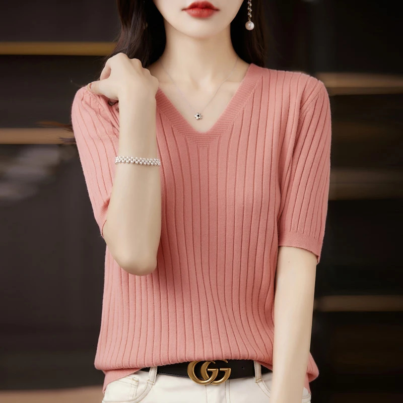 Womens Sweater Spring Summer Short Sleeve Vneck Knit Shirt Casual Korean Pullovers Stripe Bottoming Slim Fit Jumpers 250819