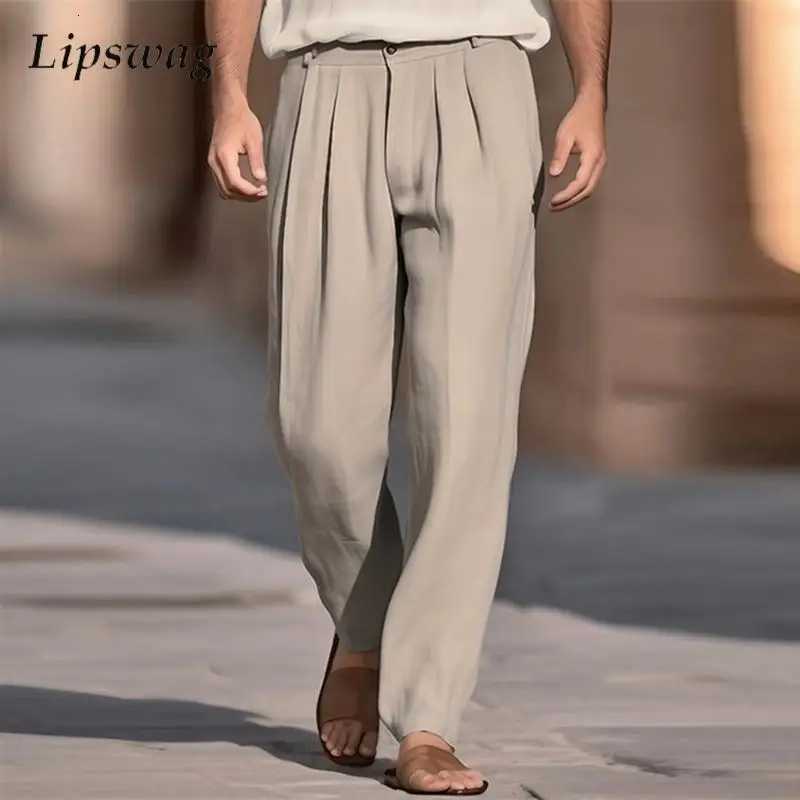 Casual Breathable Solid Color Linen Trousers Men Spring Summer Daily Leisure Loose Straight Pants For Men Fashion Pleated Pants W250819