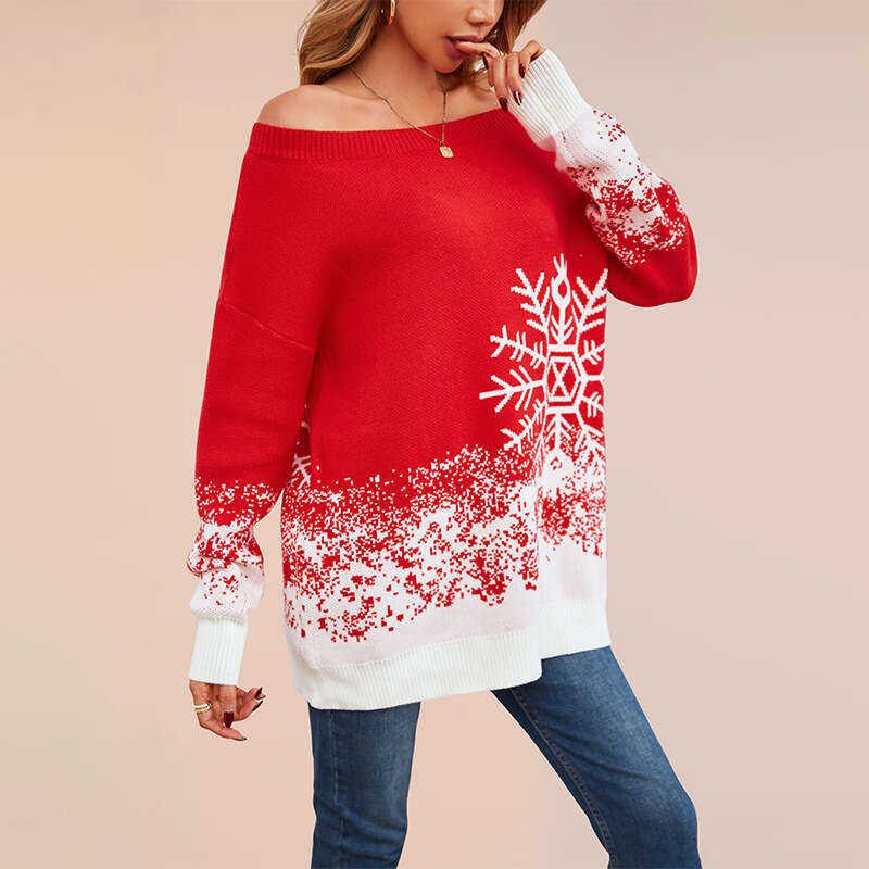 Women's Small Snowflake Sweater Autumn Winter Casual Off-Shoulder Knitted Top B5