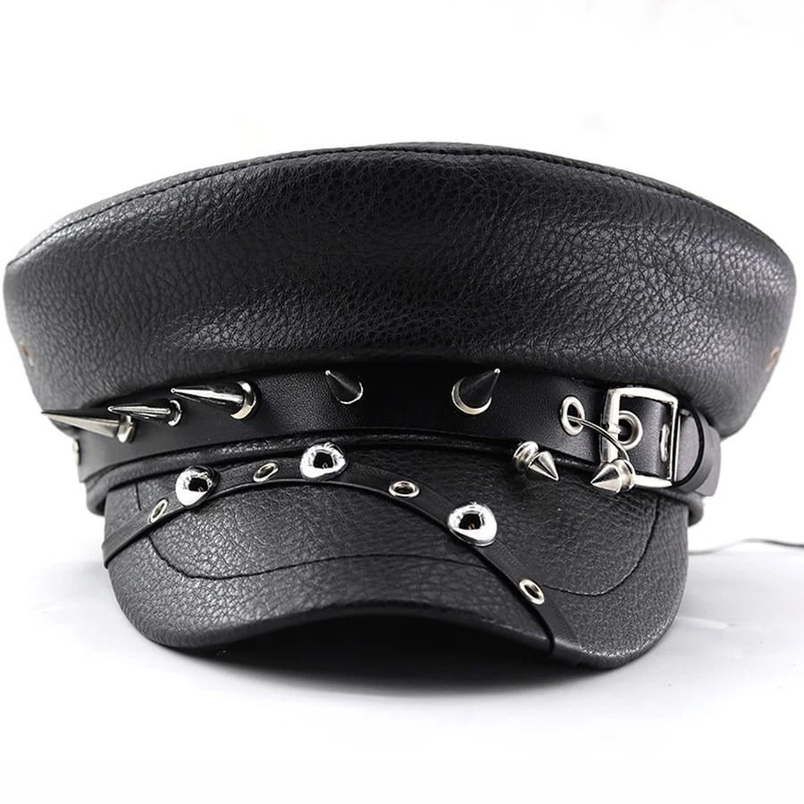 Womens Trendy Beret Black Pu Leather Flat Top Captain Military Caps Womens Accessories 250814