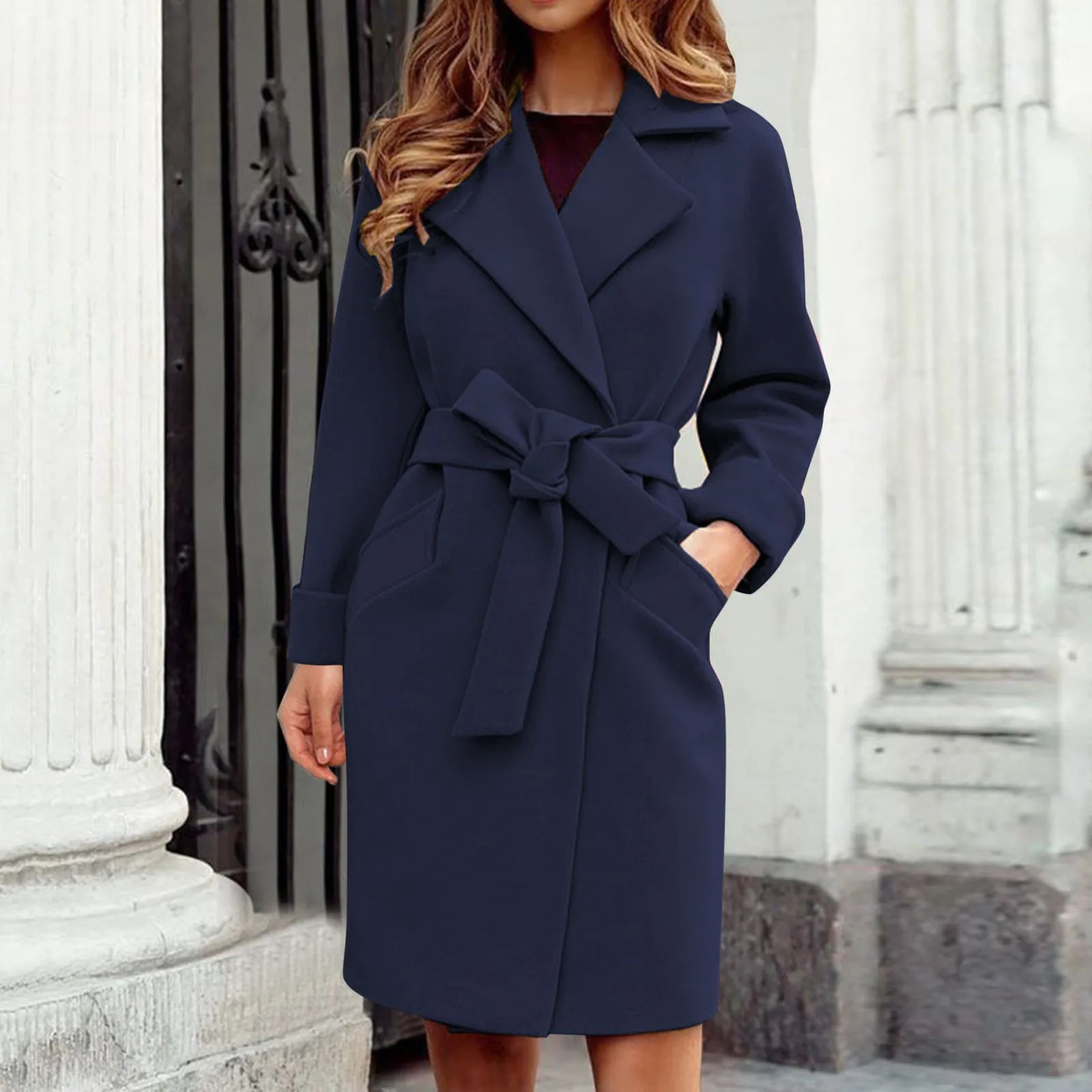 Women Pink Trench Coat Casual Mid Long Overcoat Lapel Open Front Cardigan Outwear Woolen Boot Winter Jackets for Women 250818 - view 5