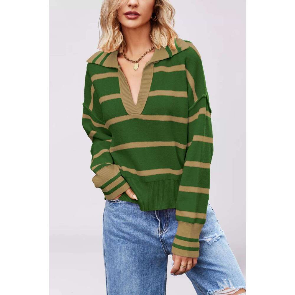 Autumn Winter Women's Fashion New Style Patchwork Color Striped Loose Sweater Turn-Down Collar Knitwear B5