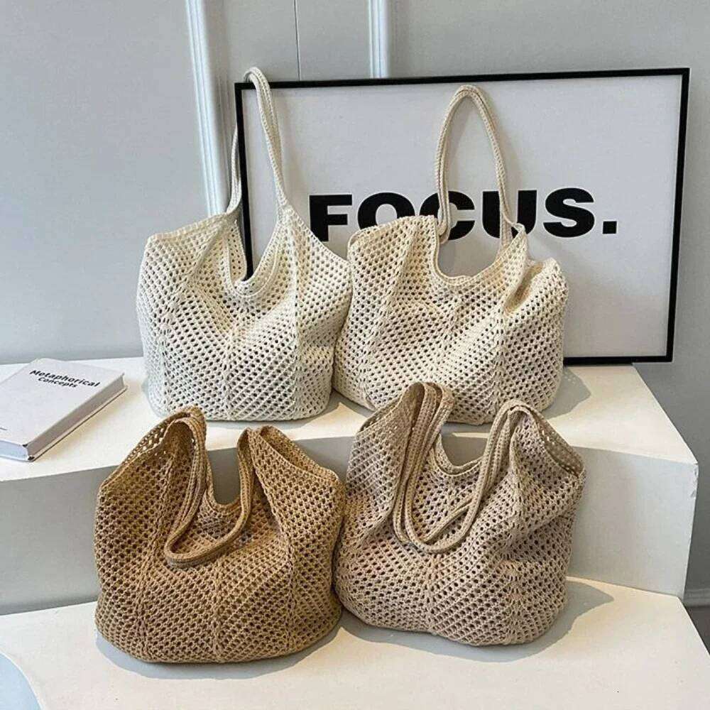 Fashion Women's Hollow Woven Shoulder Bags Large Capacity Knitting Underarm Solid Crochet Tote Handbag Summer Mesh Beach Bag