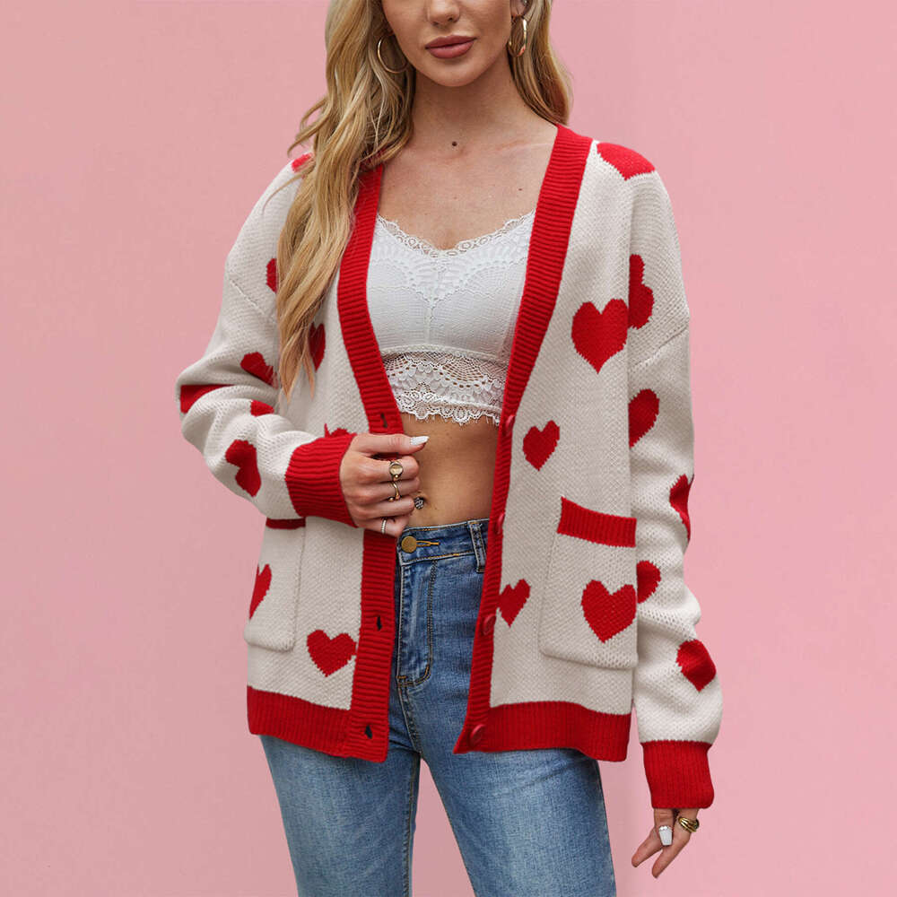 New Autumn Winter Valentine's Day Heart Peach Cardigan Pocket V-Neck Regular Fit Knitted Jacket B5
