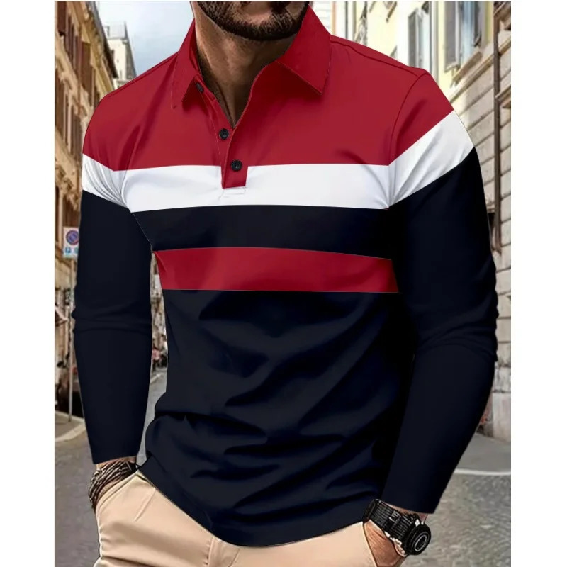 Three Stripe Mens Long Sleeve Polo Solid Color Tops Summer And Autumn Casual Breathable Comfortable Retro Street Polo Shirt 250818