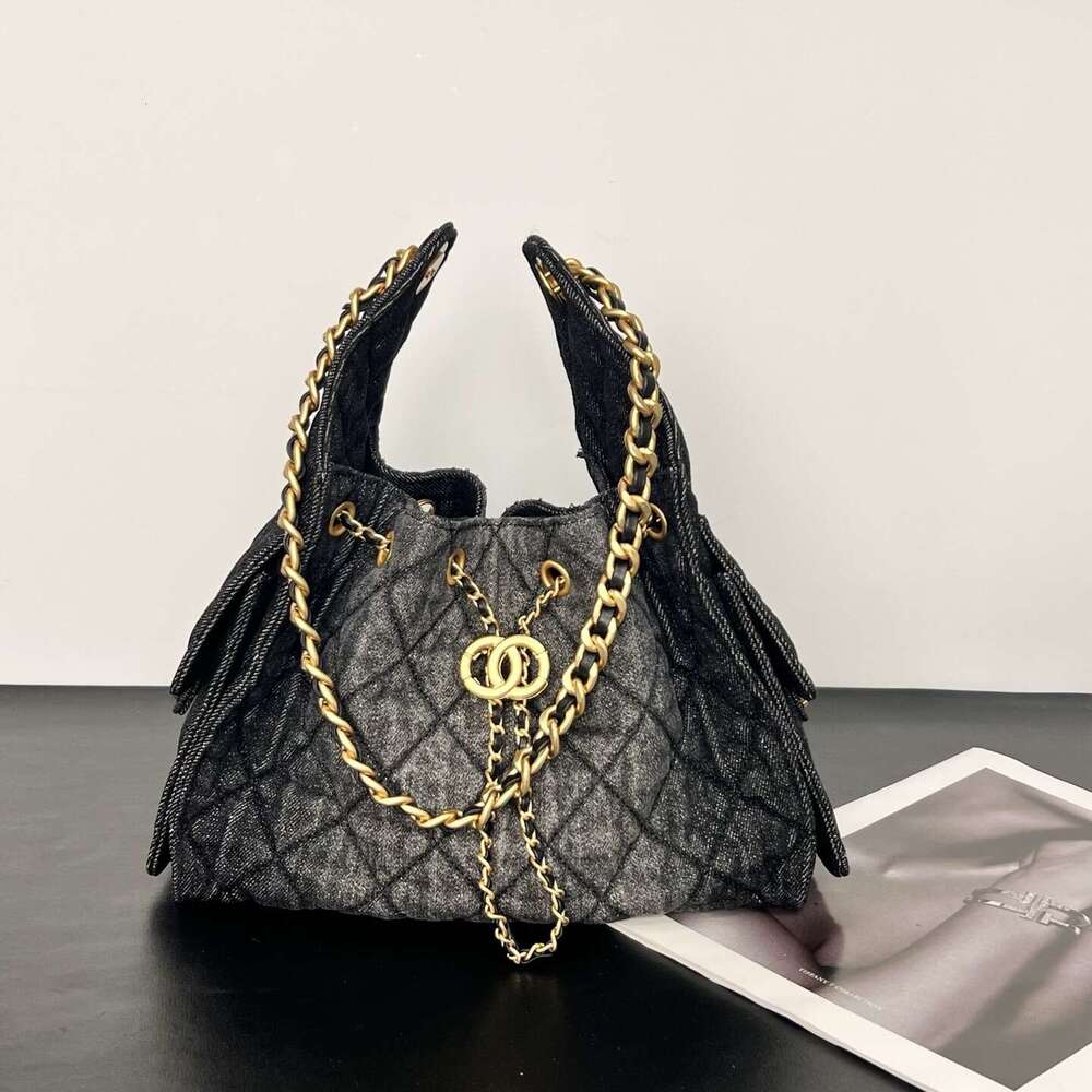 Style Washed Denim Hippie Underarm Fashion Caviar Wanderer Chain Drawstring Crossbody Bag