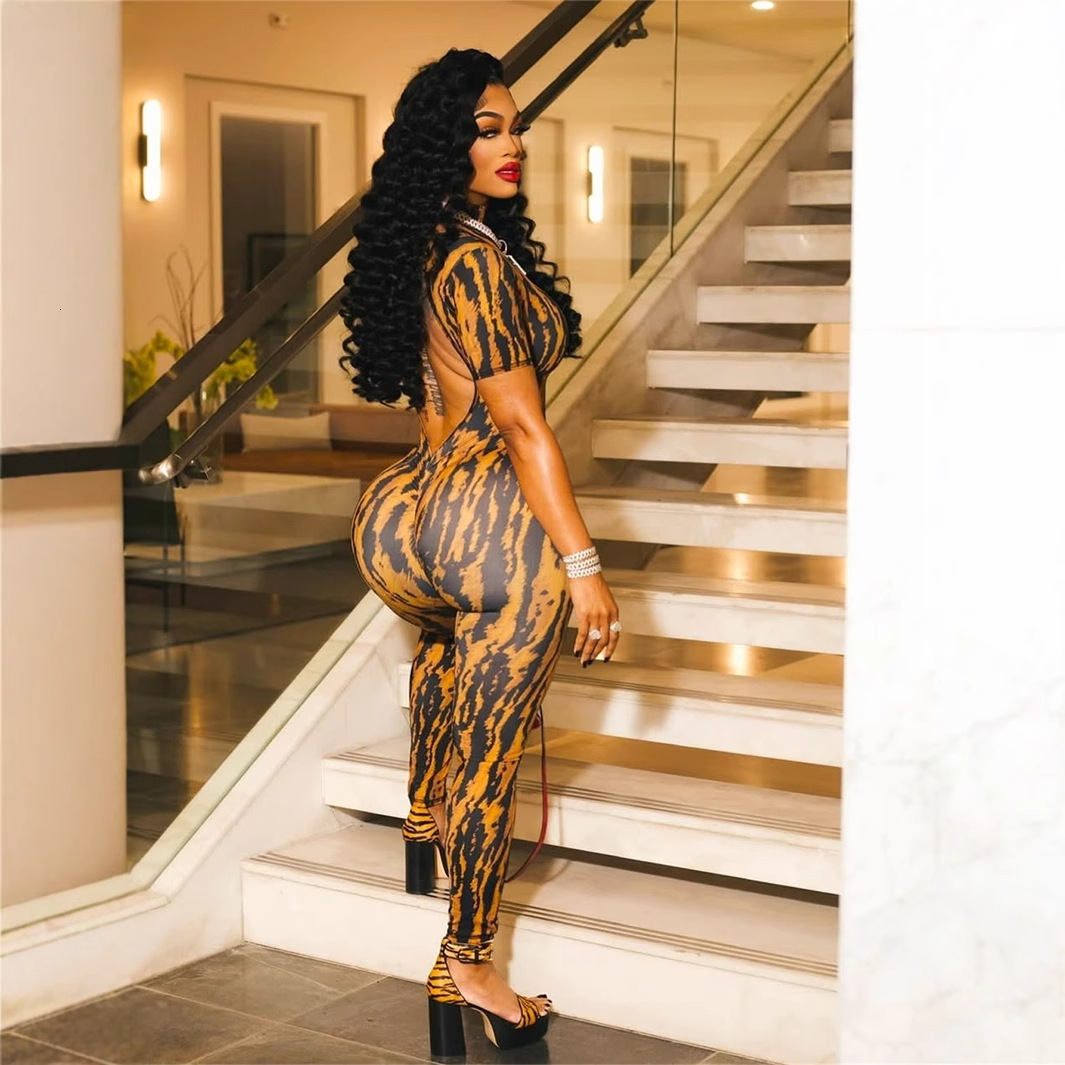 D9758 Womens Sexy Striped Print Back Hollow Short Sleeve Long Pants Jumpsuit