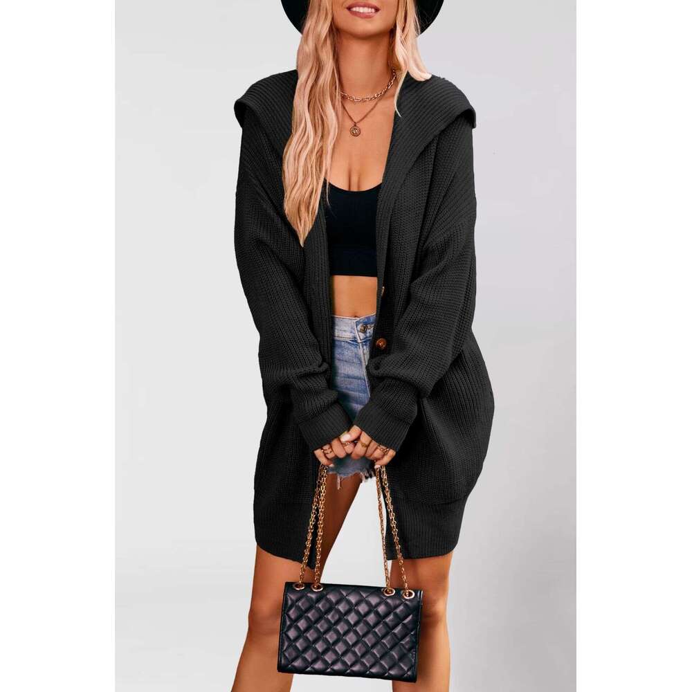 New Autumn Winter Women's Solid Color Turn-Down Collar Pocket Cardigan Three-Button Mid-Length Sweater Coat B5