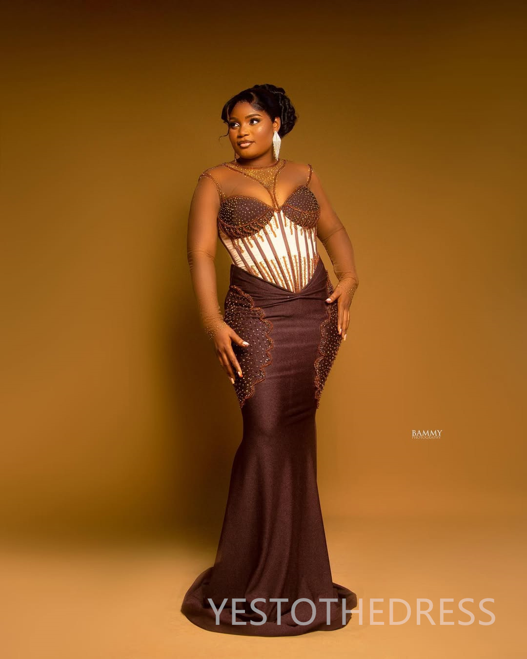 Brown Mermaid Prom Dress 2025 Evening Dresses Robe De Sorrie Sheer Neck Beaded Long Sleeves Crystals Birthday Dress Second Reception Gowns AM2697