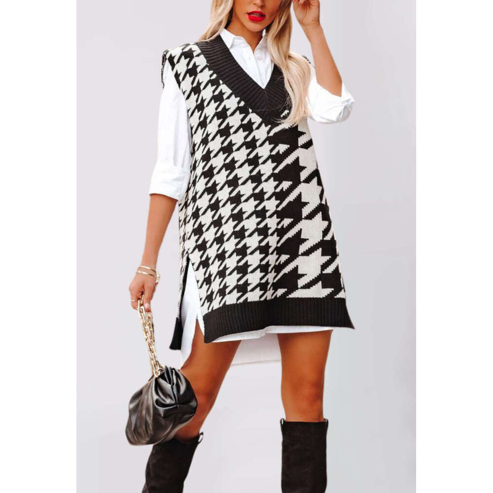 Autumn Winter New Women's Clothing Loose V-Neck Houndstooth Knitted Sweater Sleeveless Vest Waistcoat B5