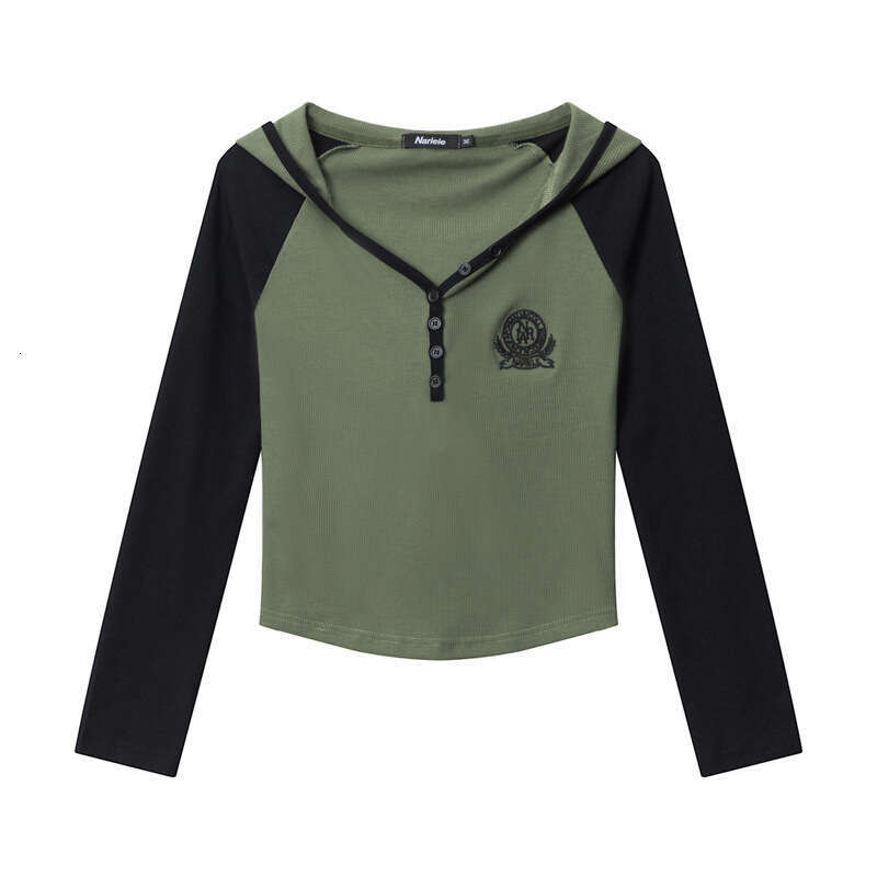 Cotton Thread Embroidery Color-Block Hooded Hot Girl Short Long Sleeve T-Shirt Crop Top For Women B3