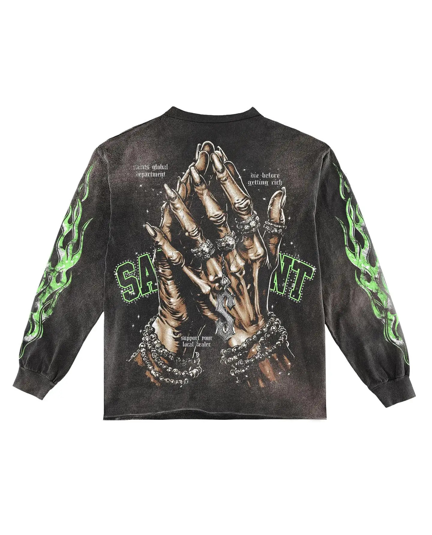 Skull Green Flame Graphic T Shirts Y2K Streetwear Men Oversized T Shirt Vintage Harajuku Crew Neck Black Cotton Long Sleeve Tops 250819