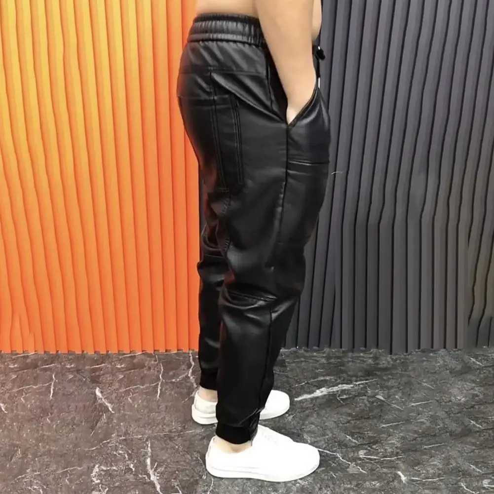 Black Elastic Waist Pants Stylish Mens Faux Leather Pants With Pockets Stretchy Waist Motorcycle Style Trousers For Spring Fall W250819