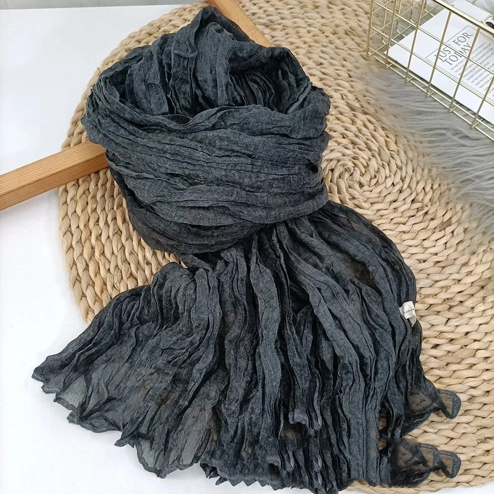 Cotton Linen Scarf Solid Color Female Literary Texture Fold Length Spring Autumn Winter Shawls Thin Fried Dough Twists Ethnic 250818