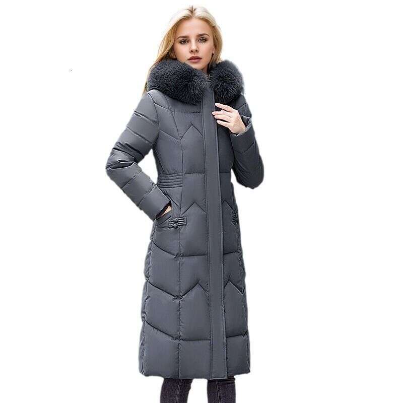 Women's Clothing winter new fashion coat women's long waist cut and knee length thickened large fur collar cotton padded jacket