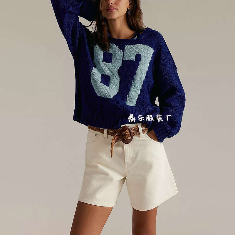 Autumn Winter Long Sleeve Top Women's Digital Color Block Knitted Pullover Loose Sweater B3