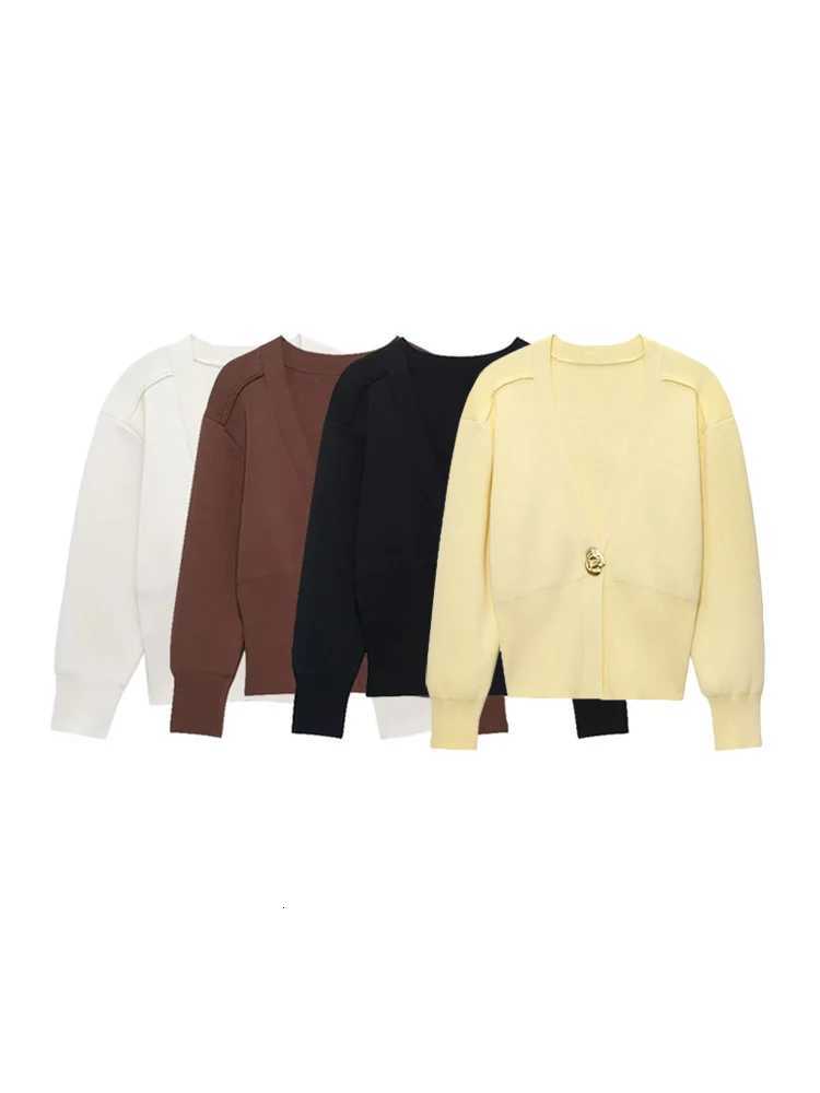 TRZA Women Fashion Front Gold Button Knit Cardigan Sweater V Neck Long Sleeve Outerwear Chic Tops XJ250819