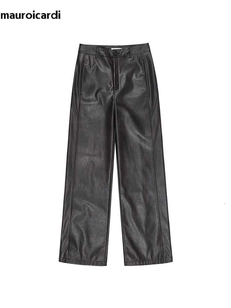 Mauroicardi Spring Autumn Long Loose Casual Cool Black Pu Leather Straight Pants For Men Luxury Designer Clothes Trouser 2023 W250819