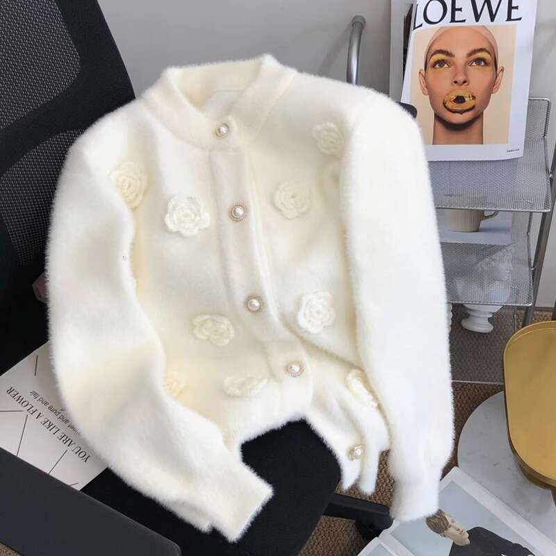 Sweet Flowers Embroidery Imitation Mink Sweater Cardigan Women's 2025 New Autumn Winter Sweater Jacket Top