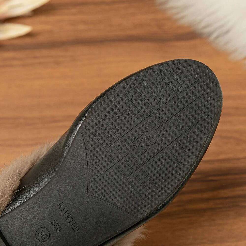 2023 Winter Women's Plush Outdoor Slippers Mules Metal British Style Genuine Fur Rabbit Flats Ladies Casual Shoes