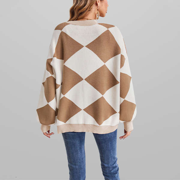 Autumn Winter Coat Sweater New V-Neck Diamond Stitching Color-Blocking Loose Knitted Cardigan For Women B5