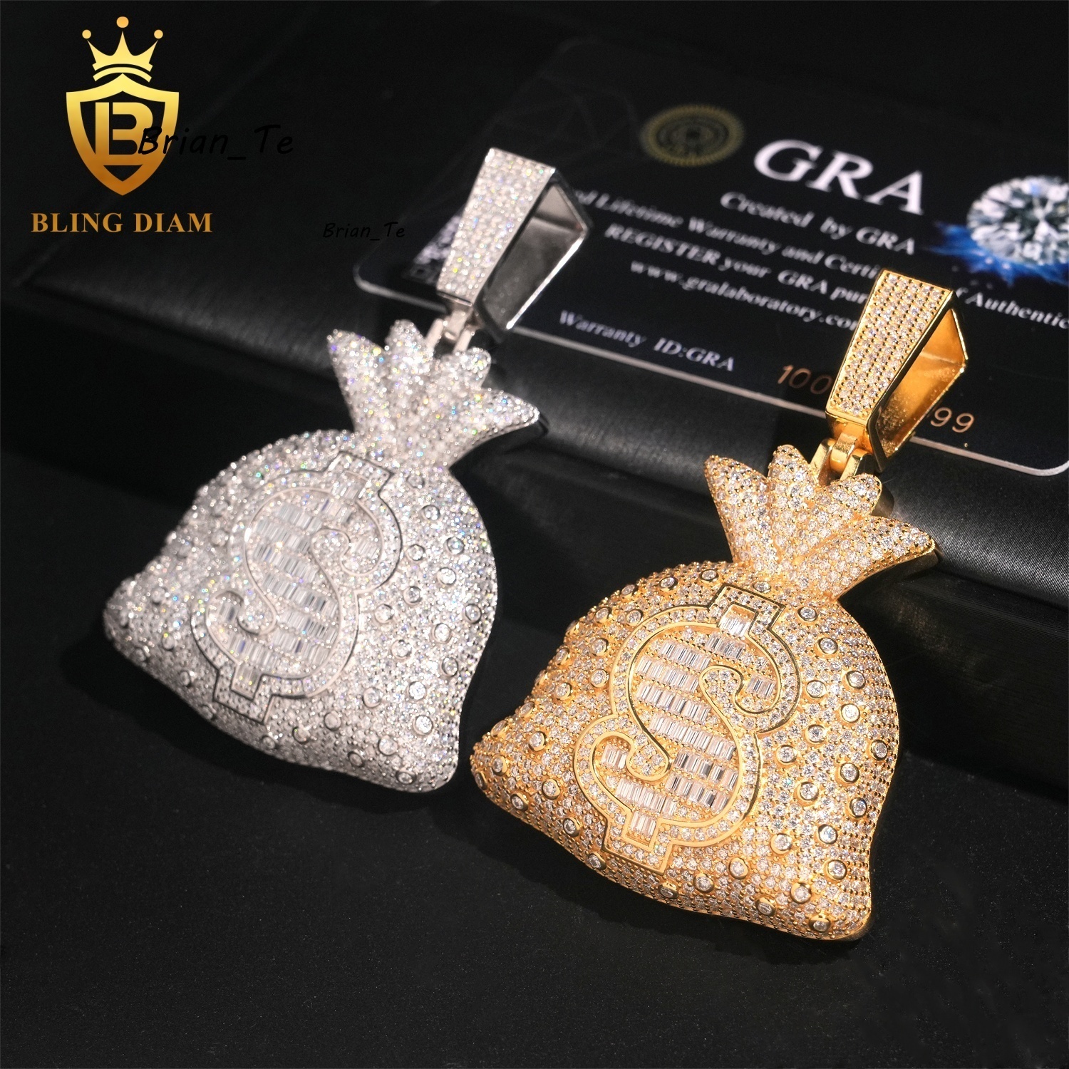 GRA Certified Iced Out Diamond Pendant Men Custom Hip Hop 925 Silver Gold Vvs Dollar Money Bag Pendant Fine Jewelry
