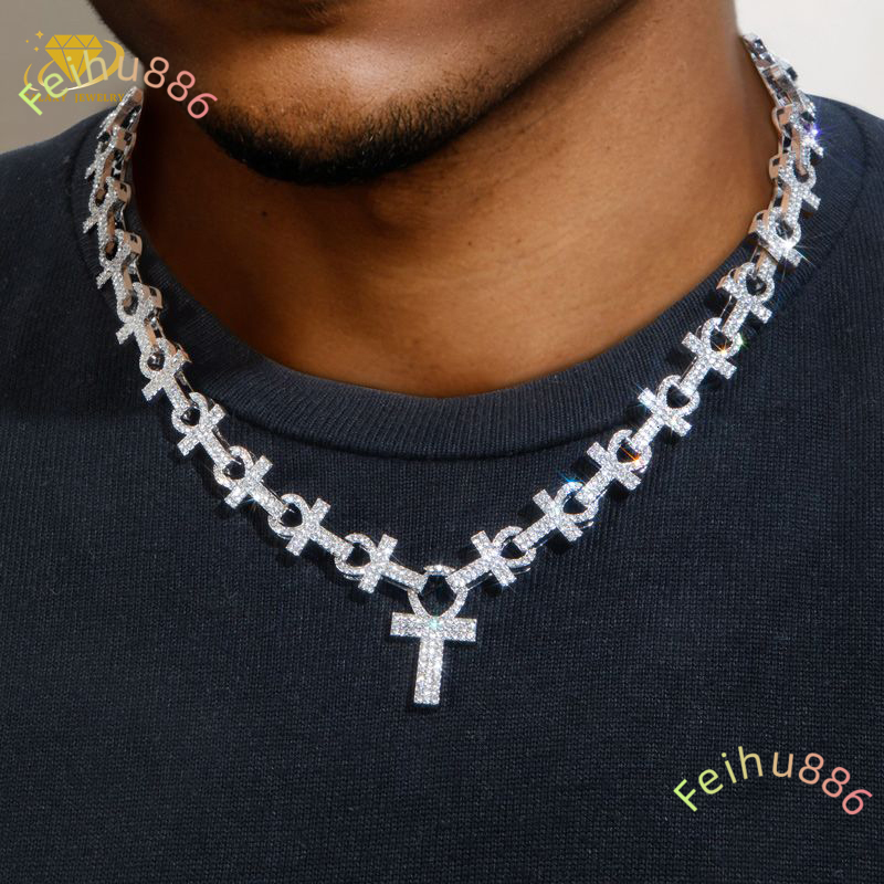 2025 New Arrivals Hiphop Jewelry Iced Pass Test 925 Silver Rhodium/Gold/Rose Gold Cross Necklace Vvs Moissanite Cuban Link Chain
