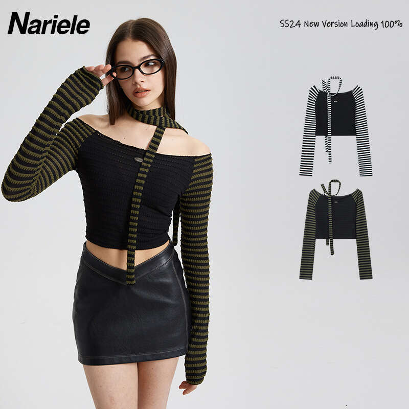 Spring New Off-Shoulder Pure Desire Ribbon Design Long Sleeve T-Shirt Women's Striped Top B5