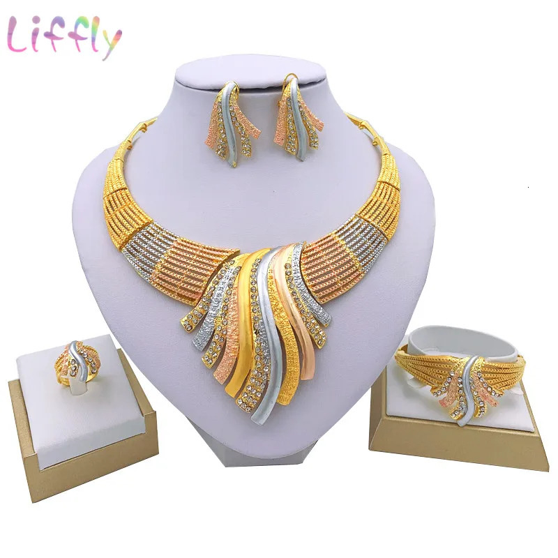 African Dubai 24k Gold Plated Choker Necklace Jewelry Set for Women Bridal Wedding Crystal Bracelet Earrings Jewellery 250818