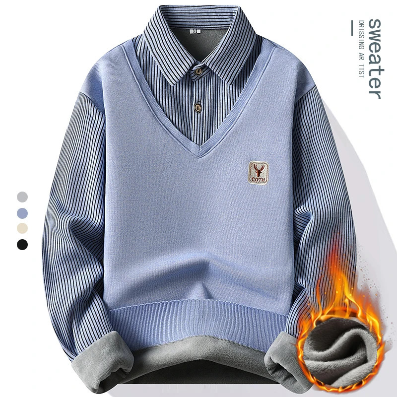 Male Fleece Polo Shirt Mens Pullover Autumn Winter Tshirt Collar Sweaters Cold Blouse Navy Blue Khaki Korean Clothing 250819