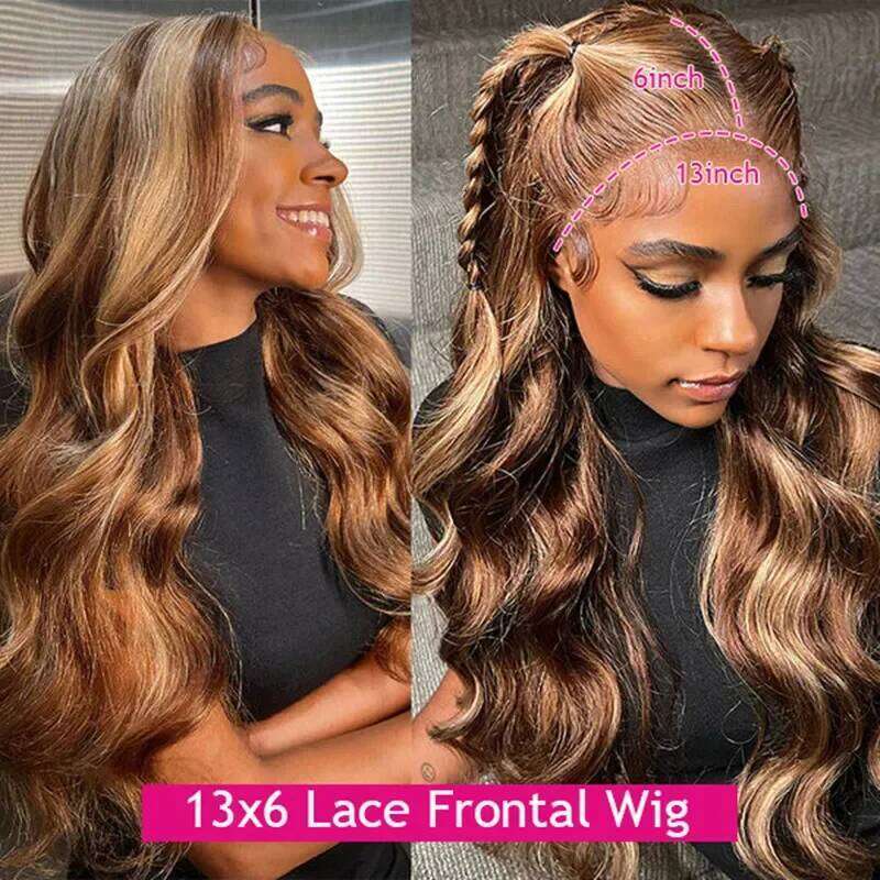 Glueless Highlight Body Wave Front Human Hair Wigs Colored Honey Brown 13X6 Frontal 7X5 HD Lace Closure Wig