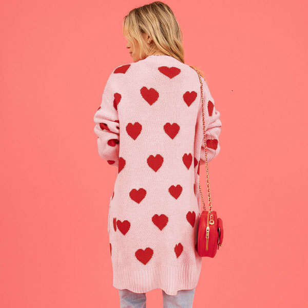 Women's New Valentine's Day Heart Pocket V-Neck Mid-Length Knitted Cardigan Jacket B5