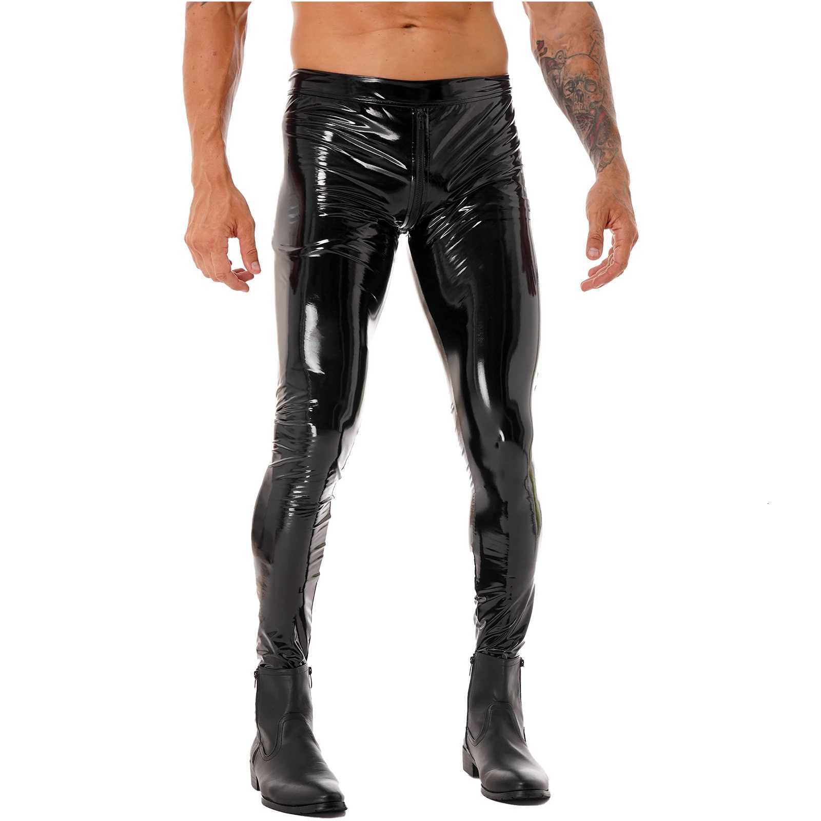 Mens Zipper Crotch Leather Skinny Pants Long Trousers Motorcycle Tight Leggings for Rave Nightclub Party Stage Performance W250819