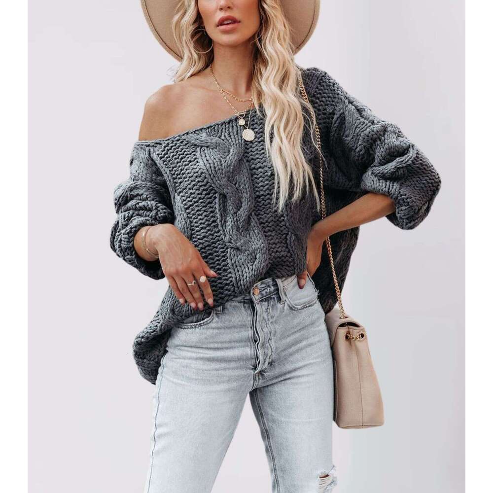 Autumn And Winter New Women's Street Style Off-Shoulder Cable Knit Pullover Loose Knitted Sweater B5
