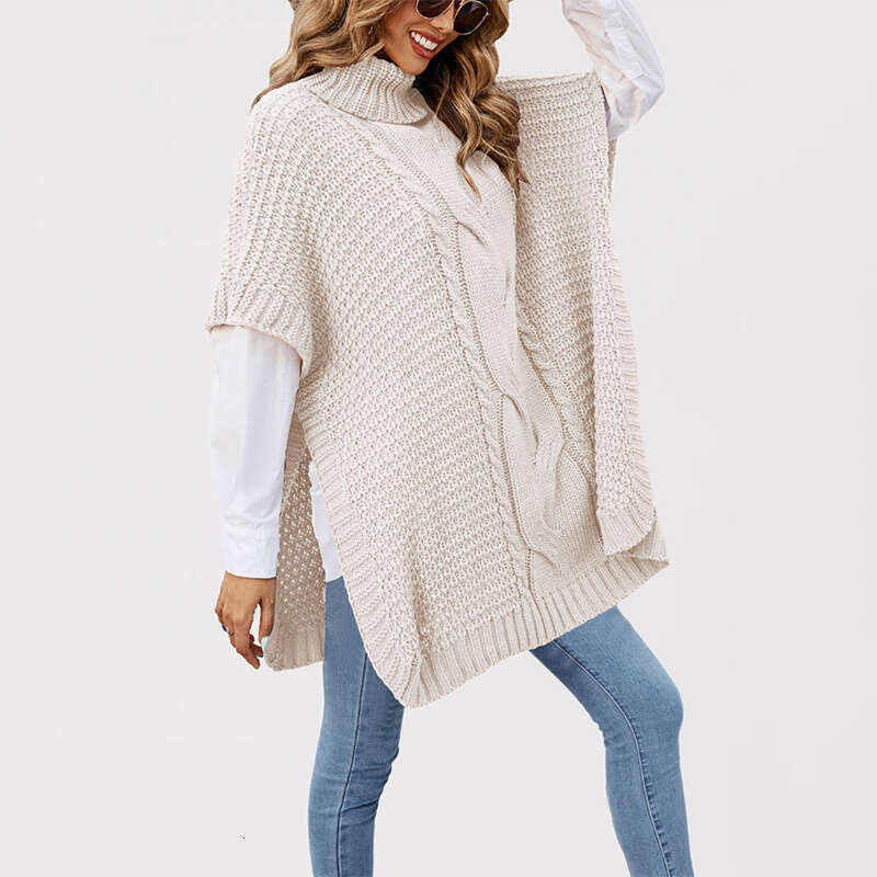 Women's Clothing Autumn Winter New High Neck Cable Knit Shawl Loose Half Sleeve Vest Sweater B5