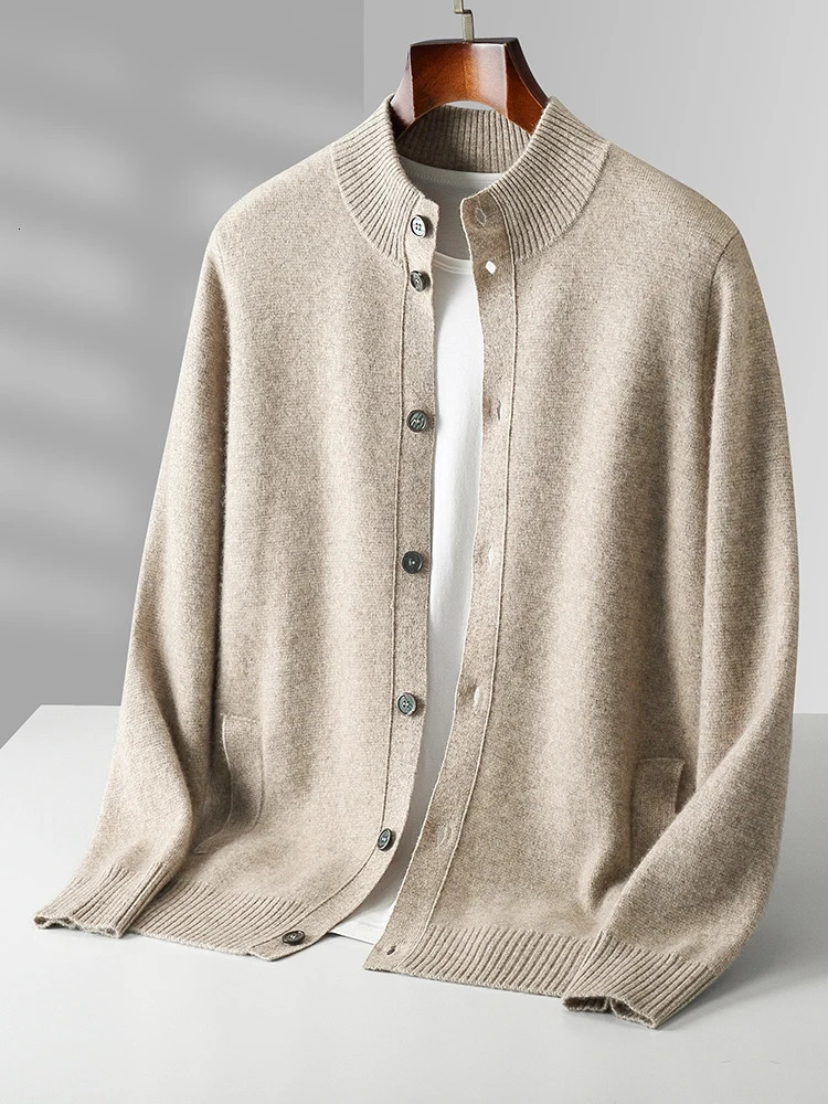 Mens Thick Sweater 100% Merino Wool Knitwear Cardigan Cashmere Buttons Coat Autumn Winter Mock Neck Pockets Casual Clothing Top 250819