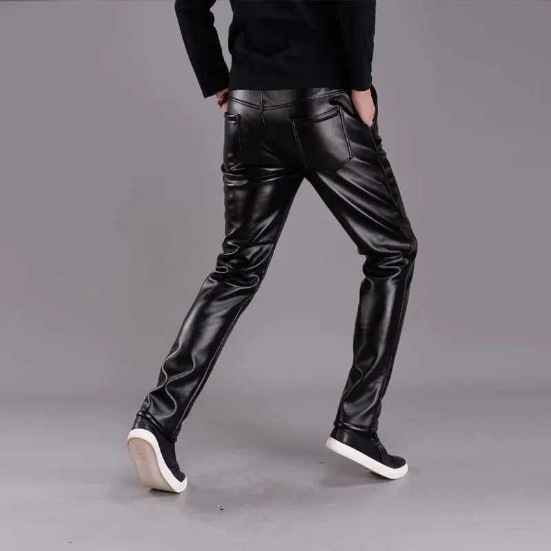 Mens Leather Pants Elastic High Waist Casual PU Leather Trousers Korean Fashion Skinny Pants Mens Motorcycle Pants Waterproof W250819