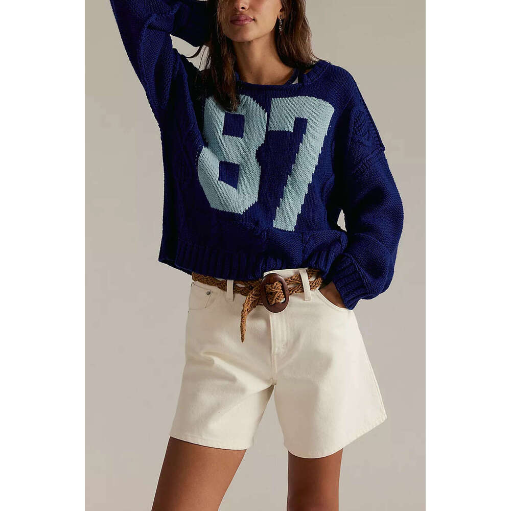 New Women's Autumn Winter Digital Color Block Knitted Pullover Loose Long Sleeve Sweater B3