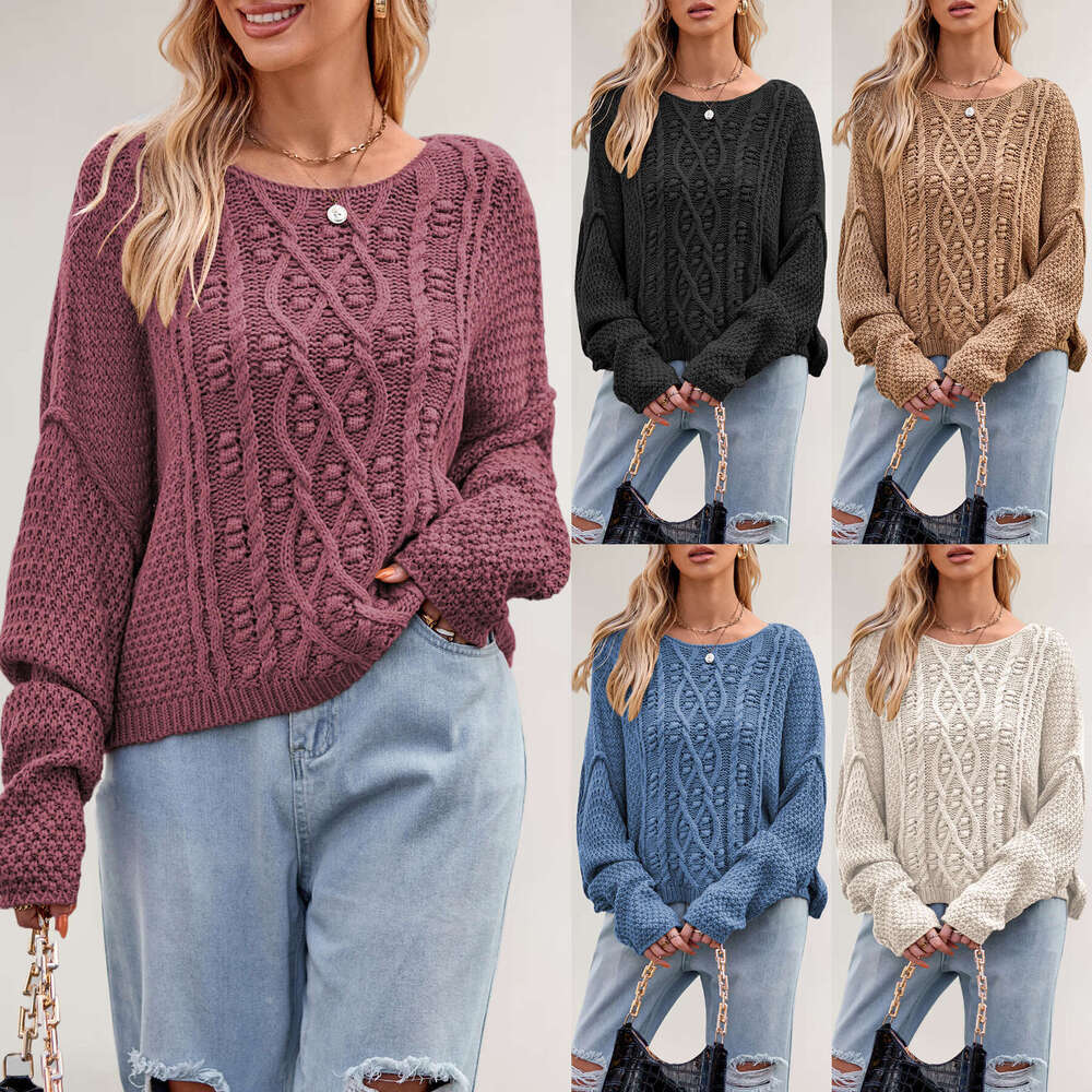 Autumn Winter New Women's Round Neck Twisted Rope Cable Knit Loose Plus Size Sweater B5