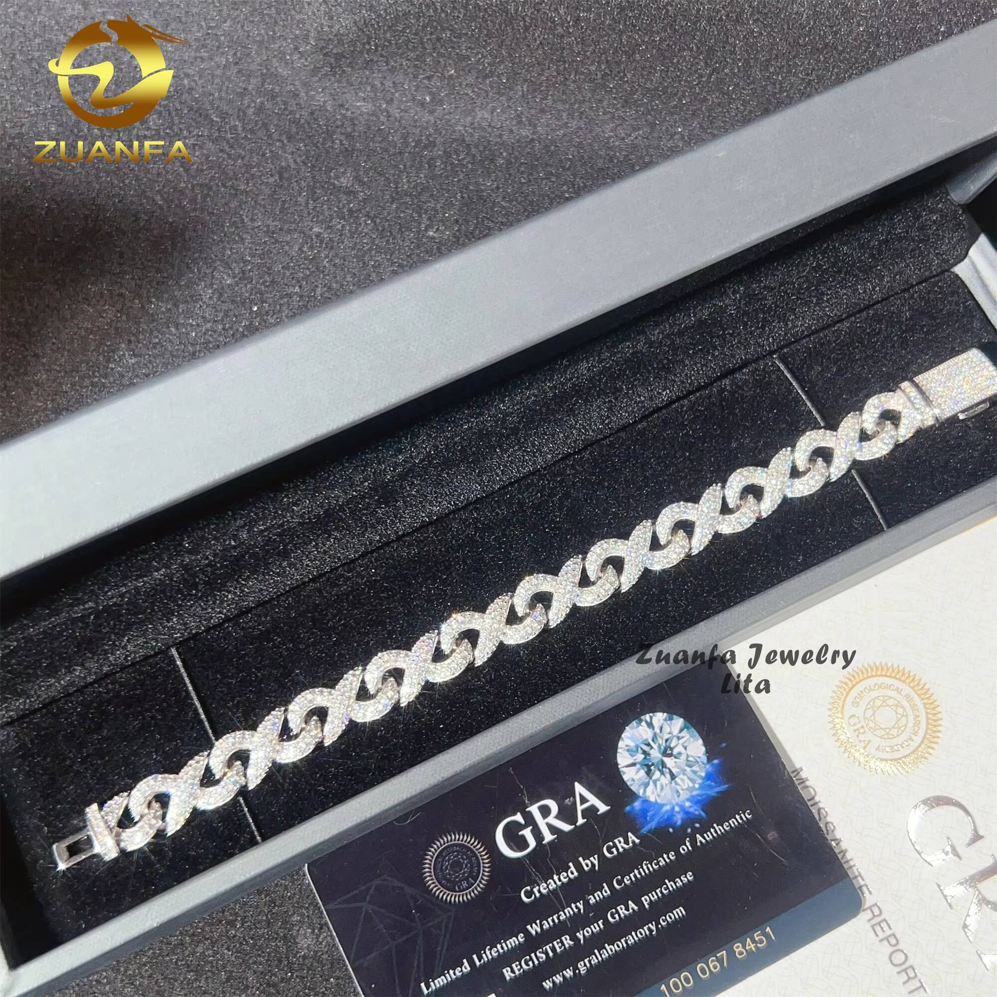 Factory Price High Quality 925 Sterling Silver Hip Hop 10mm Infinity Cuban Chain VVS Moissanite Cuban Link Bracelet