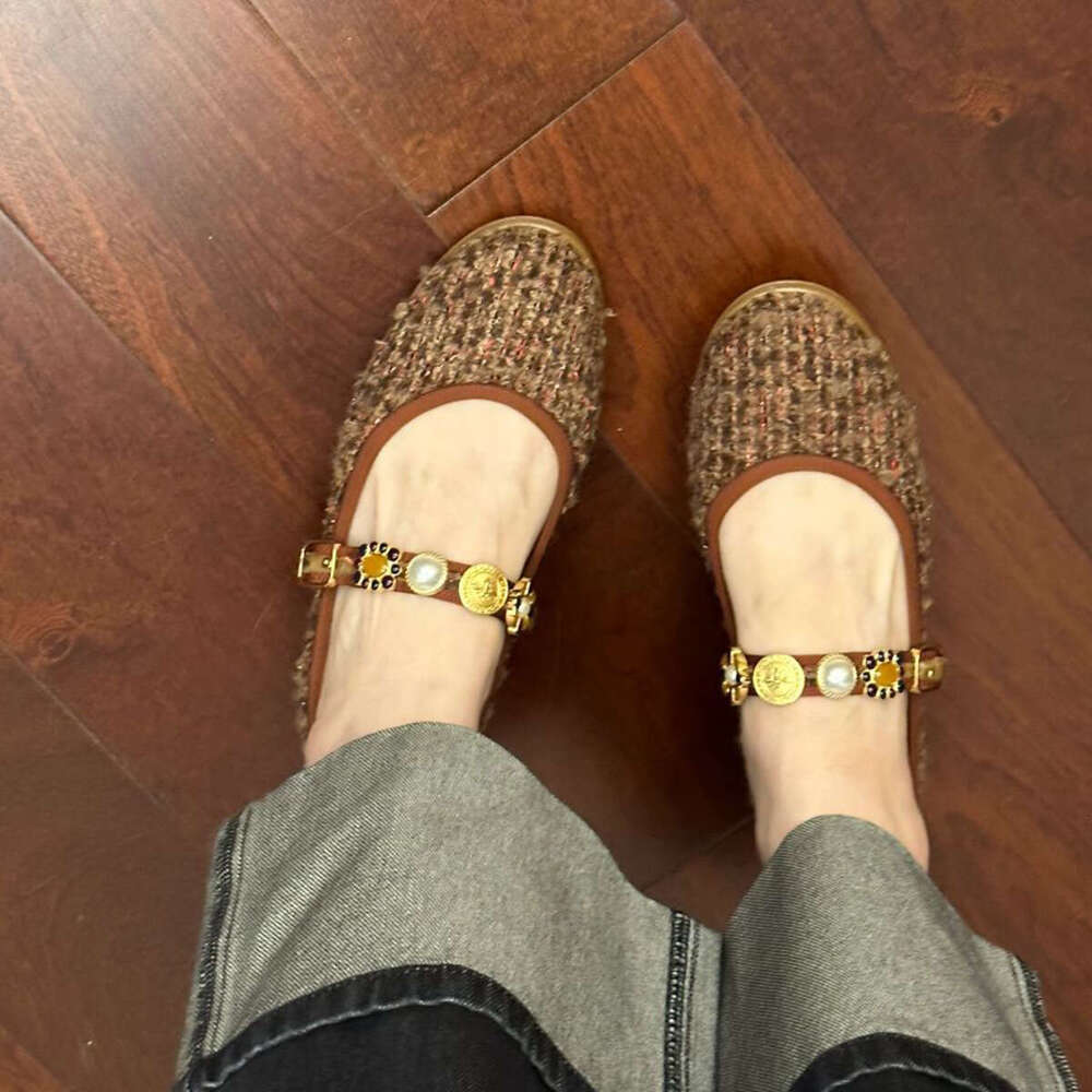 Sheepskin Version ~ Chanel Style Tweed Metal Buckle Mary Jane for Women, Shallow Mouth Single Shoes, One Strap Round Toe Flat Shoes
