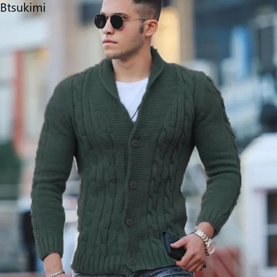 Autumn Winter Mens Warm Knitted Sweater Solid Singlebreasted Twisted Texture Cardigan Lapel Slim Buttoned Thick Male 250819